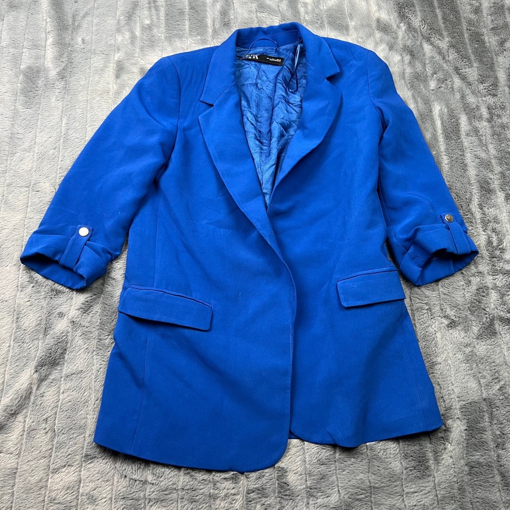 Zara Royal Blue Open Front Blazer 3/4 Roll Tab Sleeve Size Small 12432